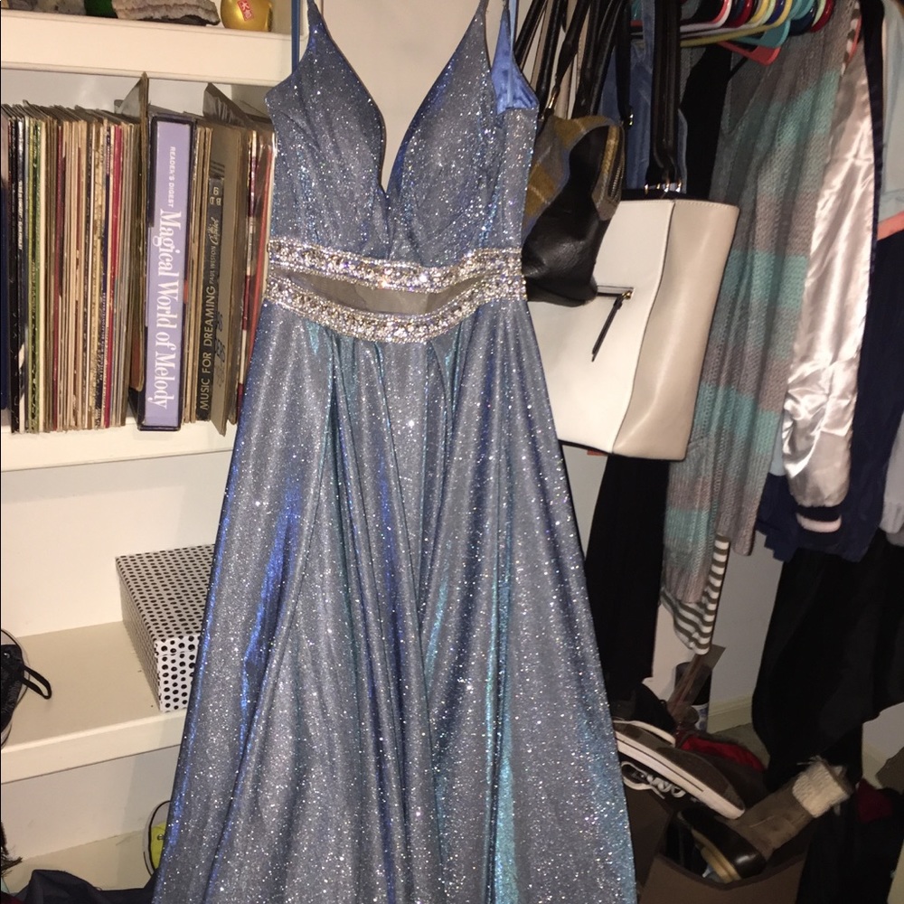 Blue unique cute out glitter prom dress